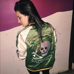 Reversible embroidered satin bomber jacket